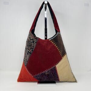 Y2K Gap Patchwork Hobo Shoulder Bag Burgundy Corduroy Velvet Embroidered